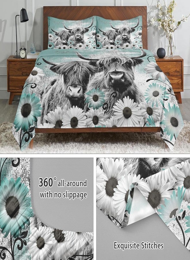 WeCozy 4 Pieces Full Size Bed Sheet Sets with Pillowcases, Highland Cow Animal Soft Microfiber Bedding for Kids and Adults, Farm Daisy Flat, Fitted Sheet for Bedroom Bed Decor - Image 4